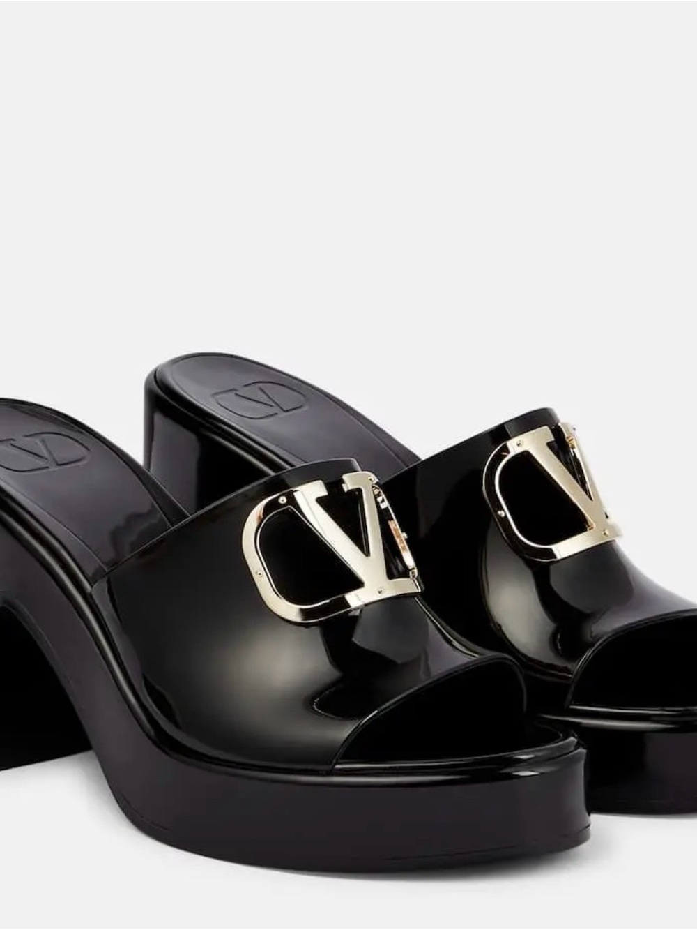 Valentino Garavani Black Patent Gold V-Logo Platform Mule